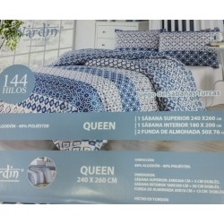 Sabanas De Algodón Turco Queen 144 hilos Color blanco con azul